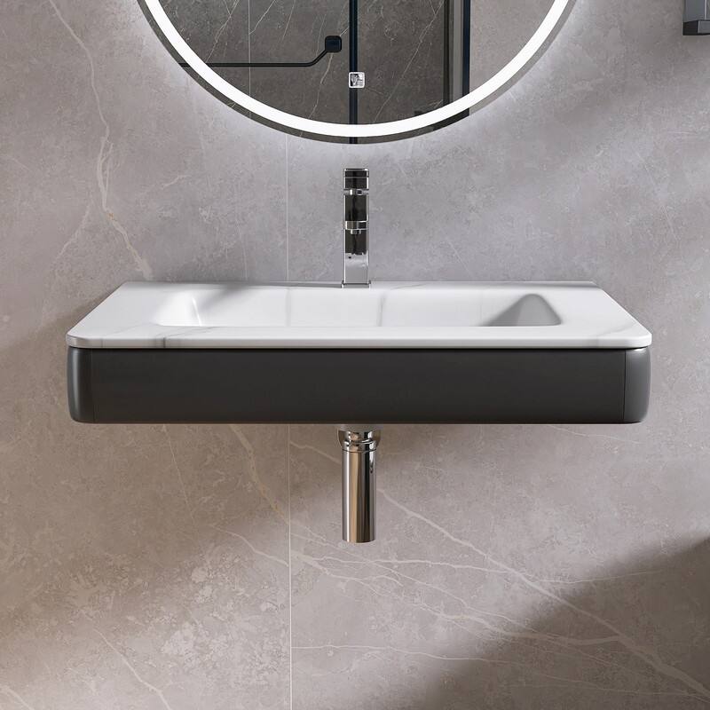 30'' Sintered Stone Wall Mount Bathroom Sink Solid Surface Vessel Bathroom Sink - White