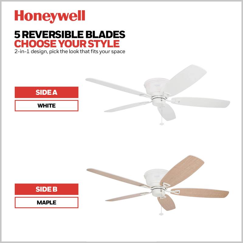 52" Honeywell Glen Alden White Indoor Ceiling Fan, No Light, with Pull Chain