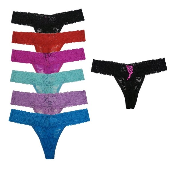 Women's 6 Pack Lace Back Ribbon Thong Panties