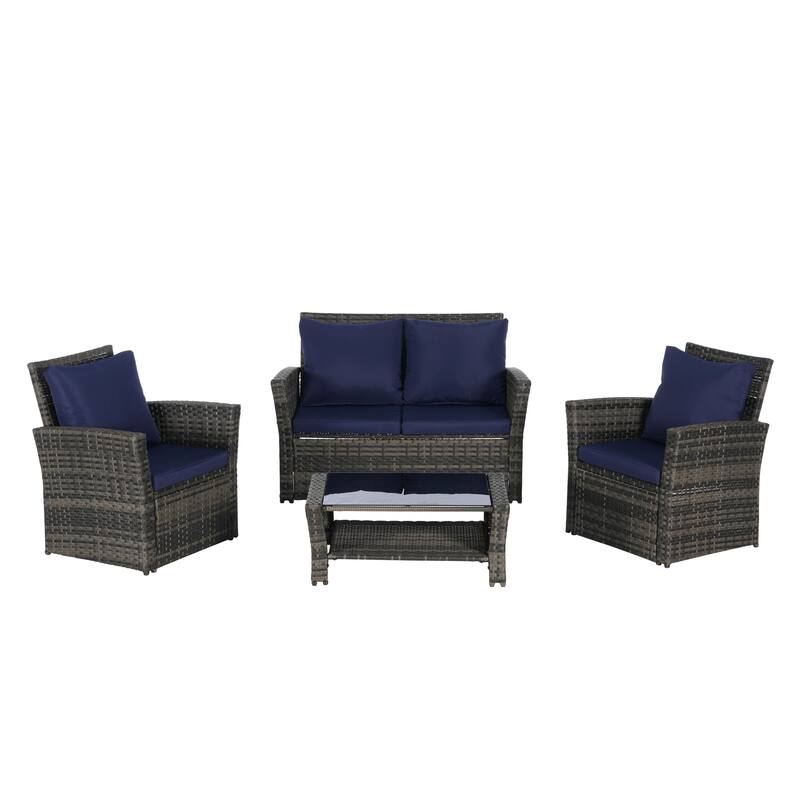 4-Piece PE Rattan Patio Furniture Set with Cushions and Tempered Glass Coffee Table, Outdoor Wicker Chairs and Loveseat