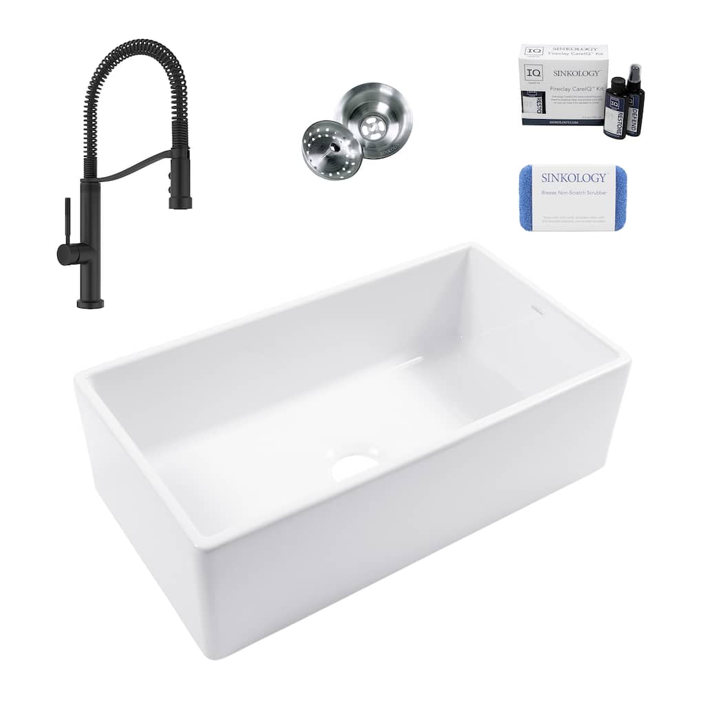 Austen Crisp White Fireclay 33" Farmhouse Apron Front Undermount Single Bowl Kitchen Sink with Bruton Black Faucet Kit