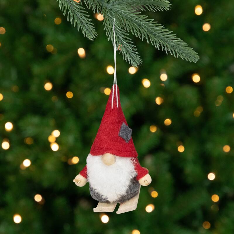 Set of 3 Red and Gray Skiing Gnome Christmas Ornaments 4"