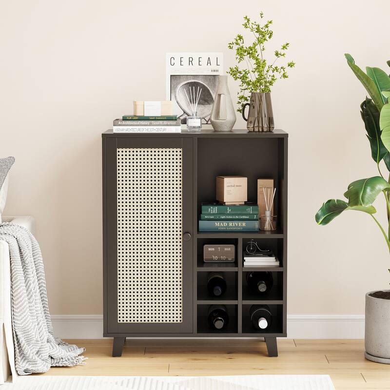 Rossetta 47'' Modern Rattan-Front Door Sideboard Cabinet with Open Shelves and Protective Foot Pads