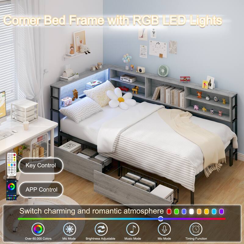 Twin Corner Daybed with Storage Drawers, Bookcase Headboard, LED Lighting & USB Charging Station