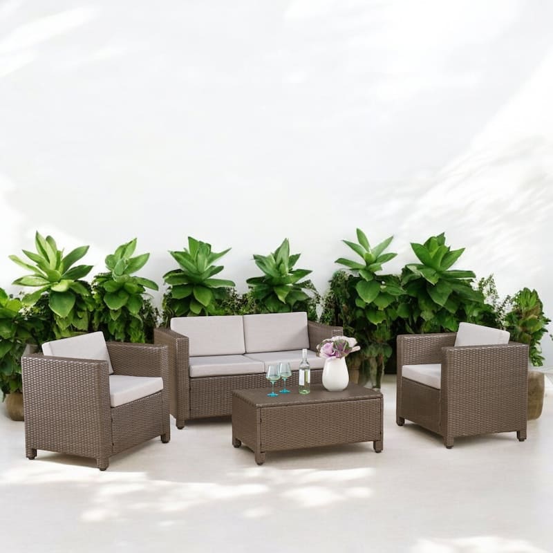 4-Piece Outdoor Sofa Set with Cushions, PE Wicker Rattan Seating Group with Loveseat - Backyard, Patio, or Garden - Brown