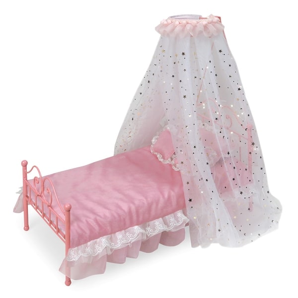 slide 2 of 11, Badger Basket Starlights LED Canopy Metal Doll Bed with Bedding - Pink - 20.5" x 10.5" x 20"