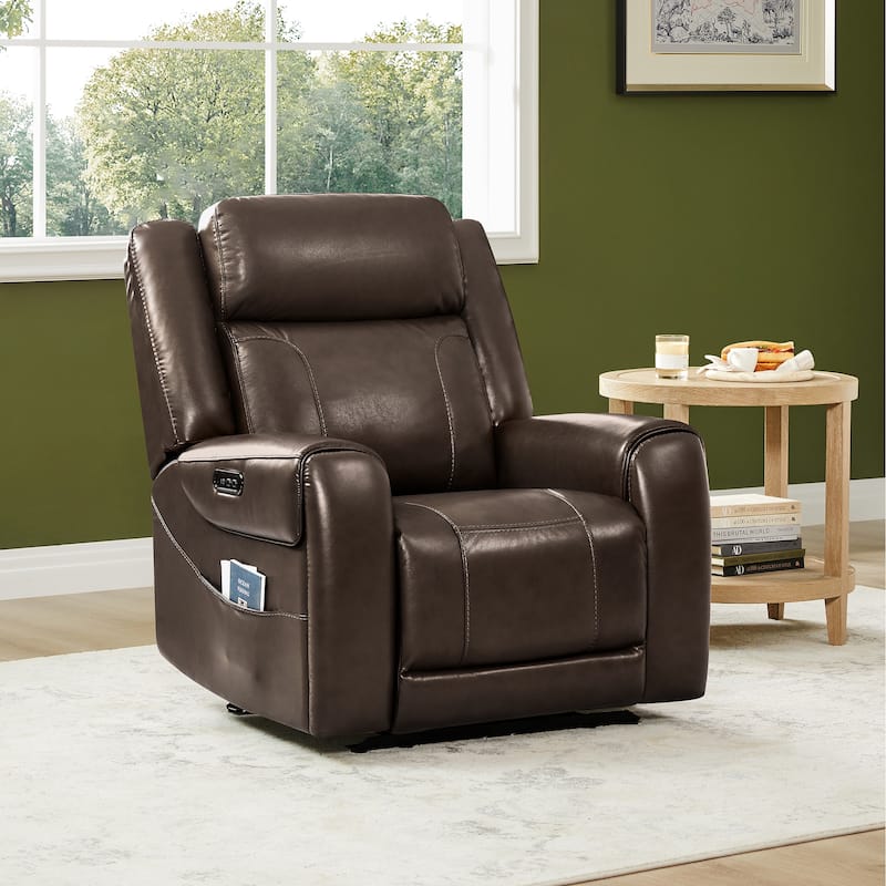 Spruce & Spring Leo Dual Motor Genuine Leather Power Recliner With Power Headrest - Brown