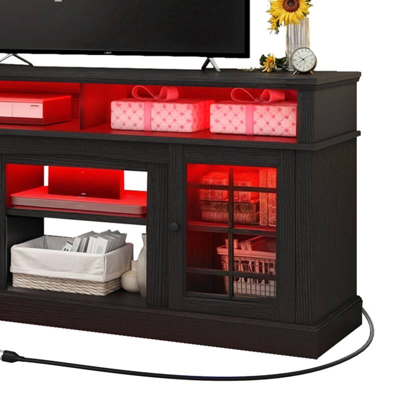 TV Stand for 60 to 75" Table Adjustable Shelves Glass Doors Black - 65 inches