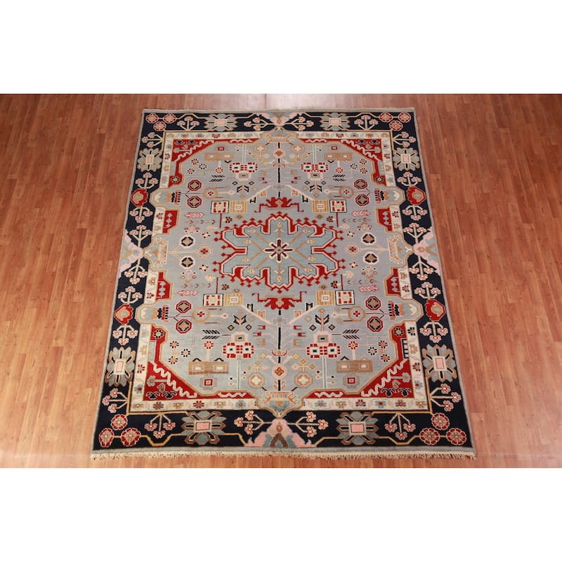 Hand Knotted Oriental 100% Wool Carpet Traditional Medallion Navy Blue & Blues Kazak Area Rug - 9' 9'' X 8' 1''