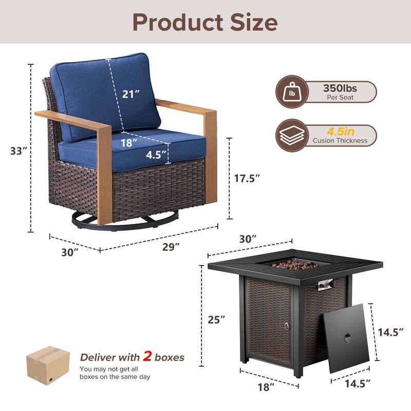 Meyreso 3-Piece Wicker Swivel Glider Metal Fire Pit Set with Plush 4.5" Olefin Cushions