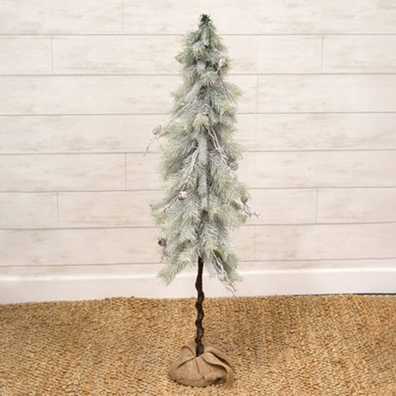 Snowy Bristle Pine and Boughs Tree with Burlap Base Rustic Flocked Green Needles Pinecones