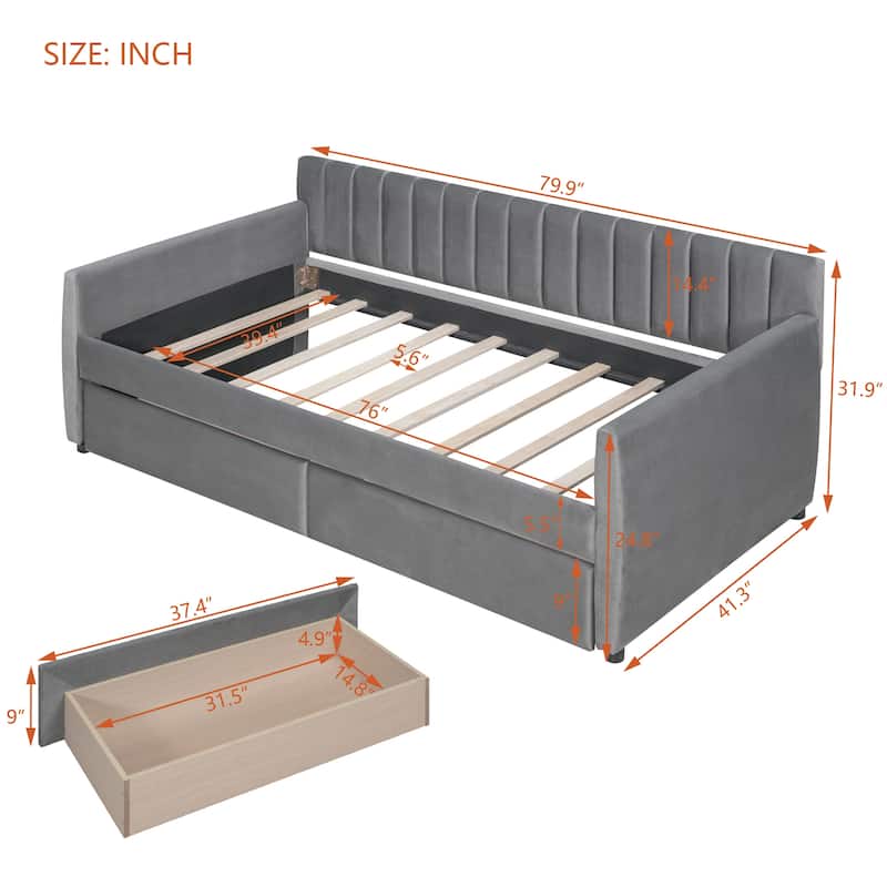 Velvet Upholstered Bed, Twin Size Daybed with 2 Built-in Drawers, 2 Armrests, Backrest and Wood Slat Support