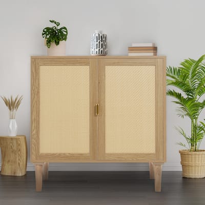 Premium Rattan Storage Cabinet with 2 Doors and Golden Handles