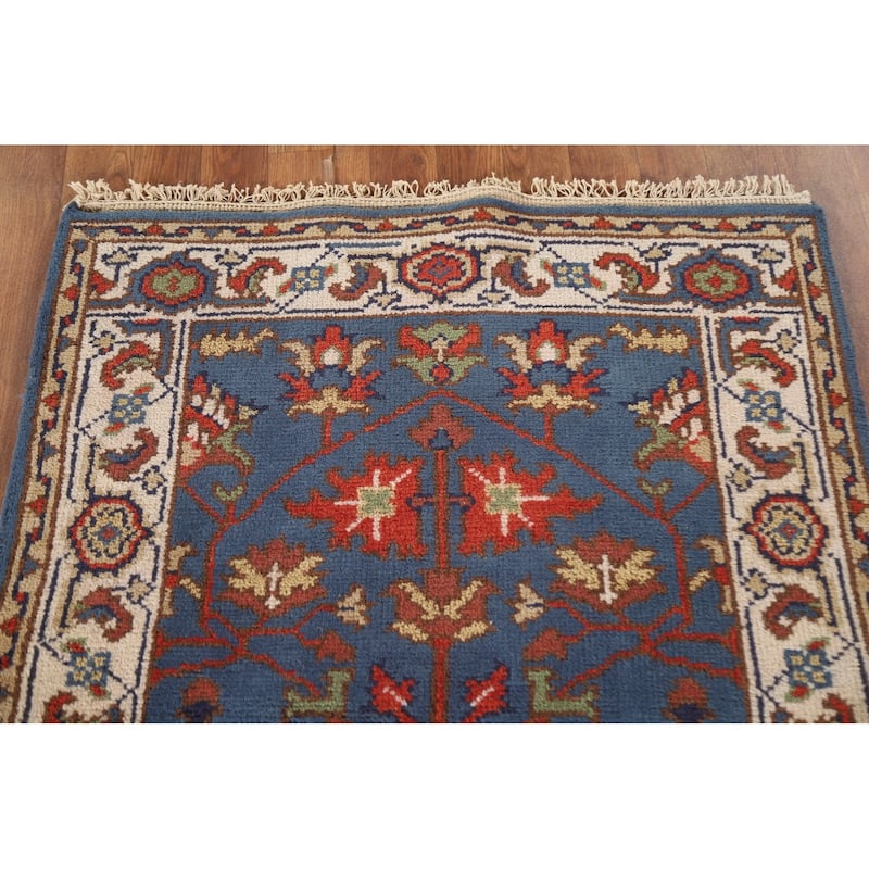 Blue Floral Oushak Indian Area Rug Hand-knotted Wool Carpet - 3'0"x 4'9"