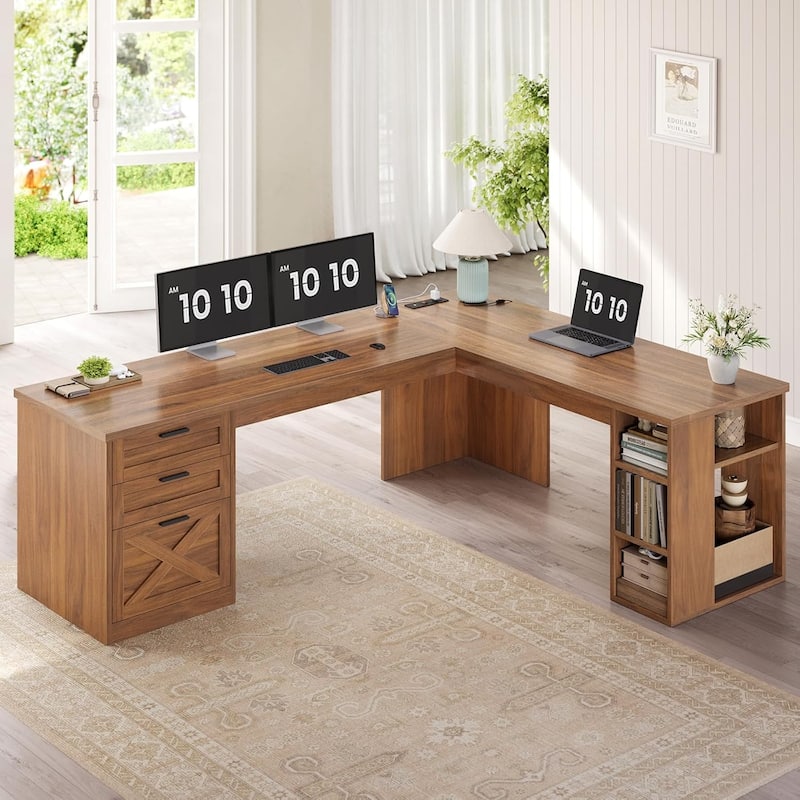 Farmhouse Executive L Shaped Desk Home Office Desk with Drawers and Storage Cabinet & Power Outlet