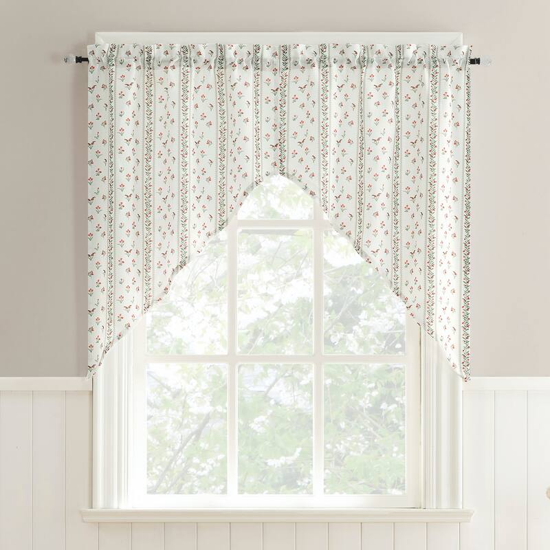 No. 918 Riverwood 2-Piece Ditsy Floral Stripe Semi-Sheer Rod Pocket Kitchen Curtain Swag Pair - 54" x 38" - 54" x 38" - Ivory