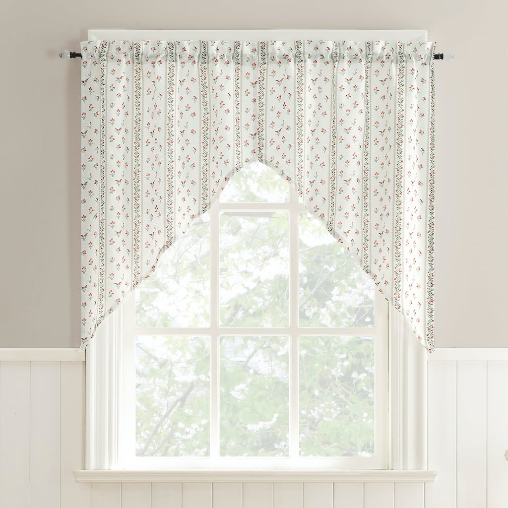 No. 918 Riverwood 2-Piece Ditsy Floral Stripe Semi-Sheer Rod Pocket Kitchen Curtain Swag Pair - 54" x 38"