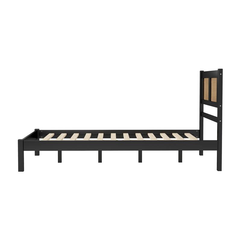 Natural Rattan Headboard Platform Bed - Queen/Full Size, Modern Minimalist Design, No Box Spring Required