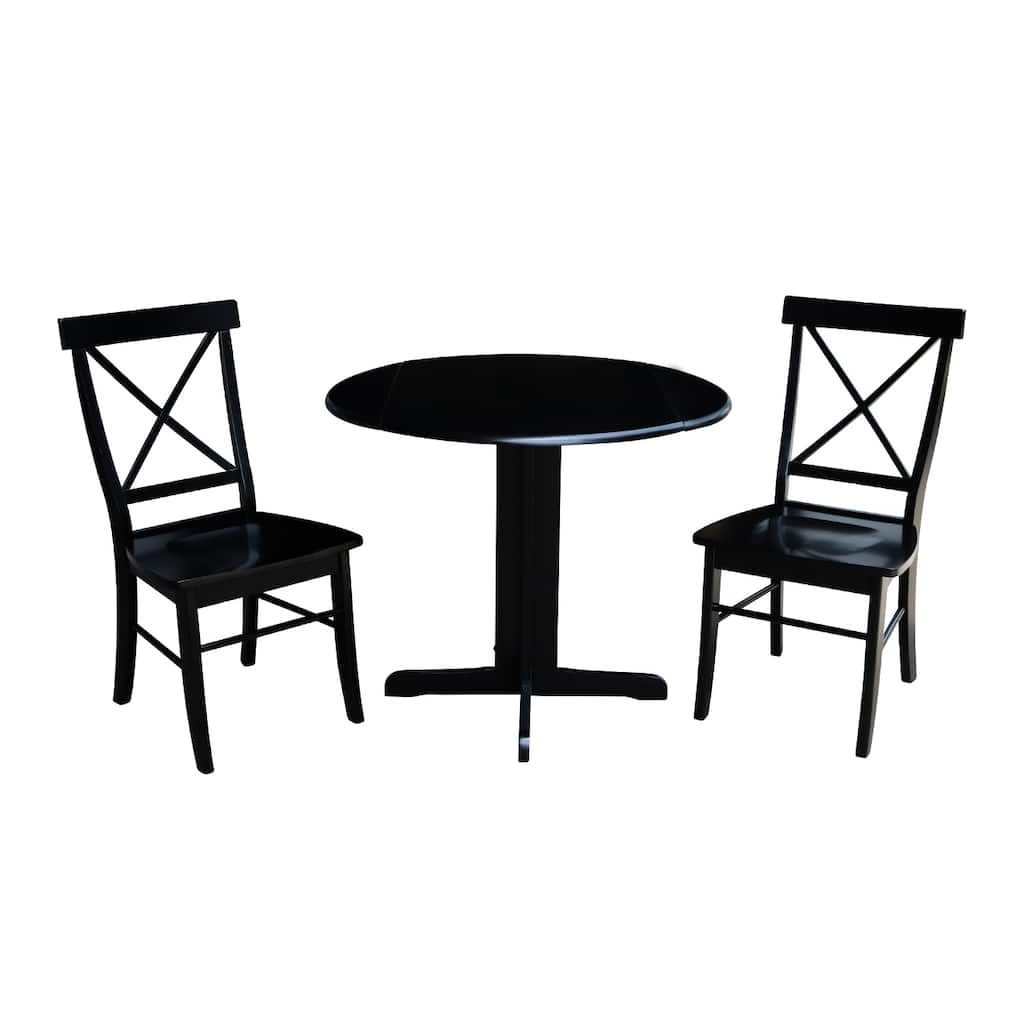 36 inch Dual Drop Leaf Dining Table with Two X-back Chairs in Black - (Set of 3)