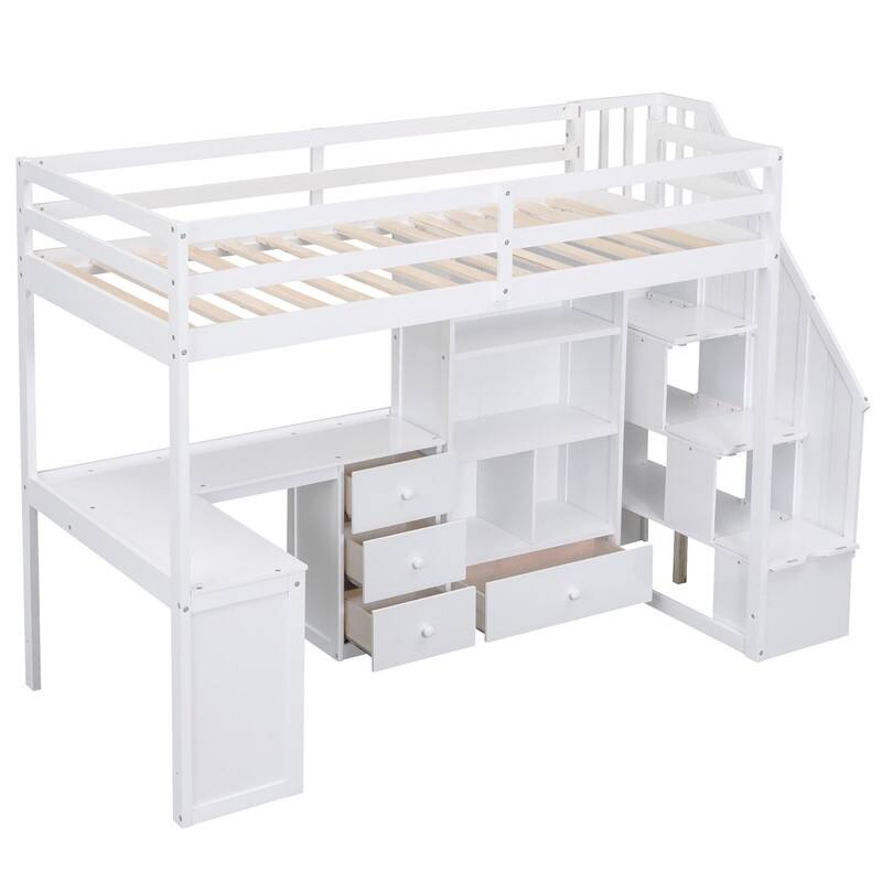Multifunctional Wood Twin Size Loft Bed with L-Shaped Desk and Storage Staircase, Loft Bed Frame with Cabinet and Drawers