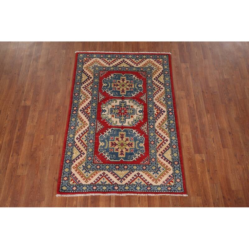 Geometric Kazak Accent Rug Hand-Knotted Red Wool Carpet - 3'3" x 4'9"
