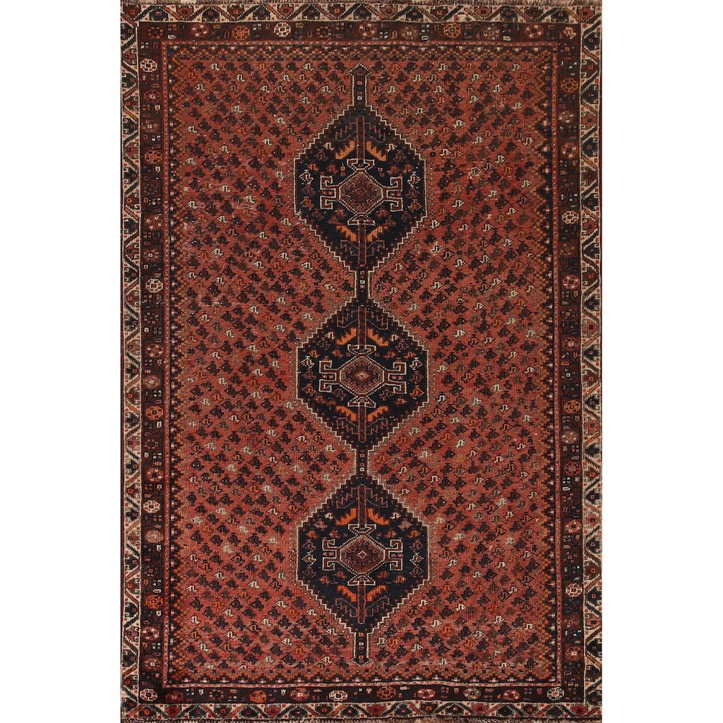 Vegetable Dye Coral Qashqai Persian Antique Rug Handmade Wool Carpet - 5'11"x 9'0"