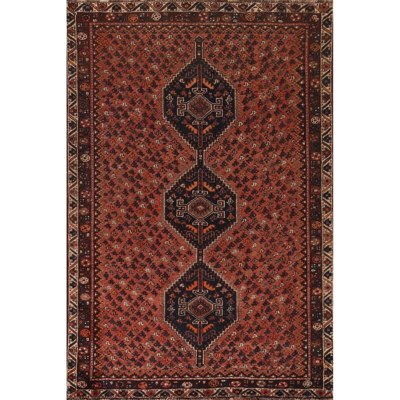 Vegetable Dye Coral Qashqai Persian Antique Rug Handmade Wool Carpet - 5'11"x 9'0"
