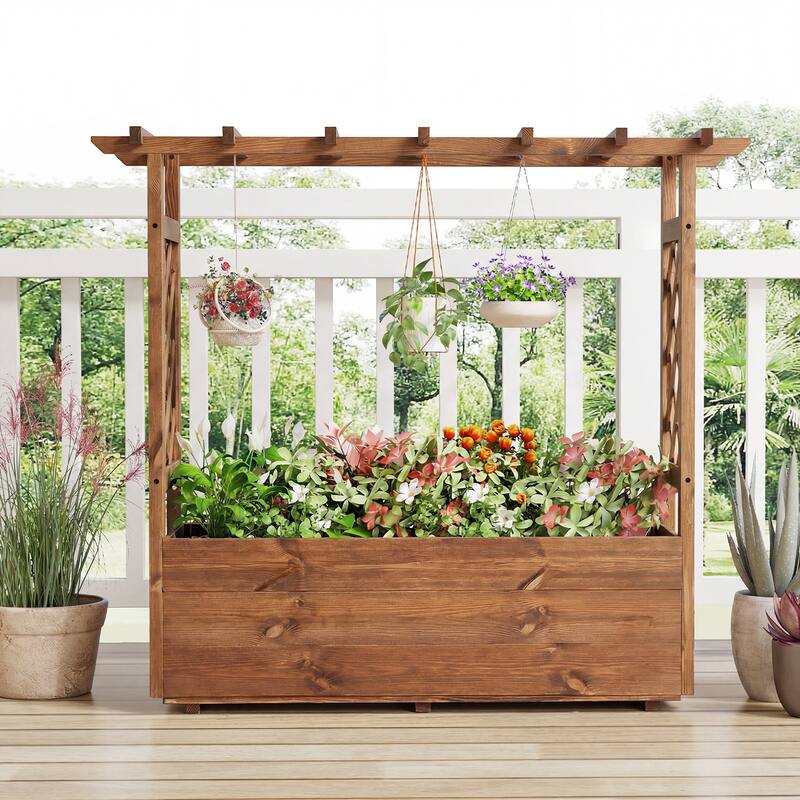 Gymax 2PCS Wooden Raised Garden Bed/ Lattice Trellises Hanging Roof