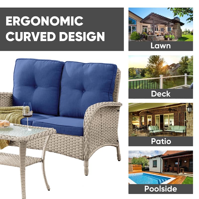 Patio Wicker Love-seat and Coffee Table Set - Light Beige
