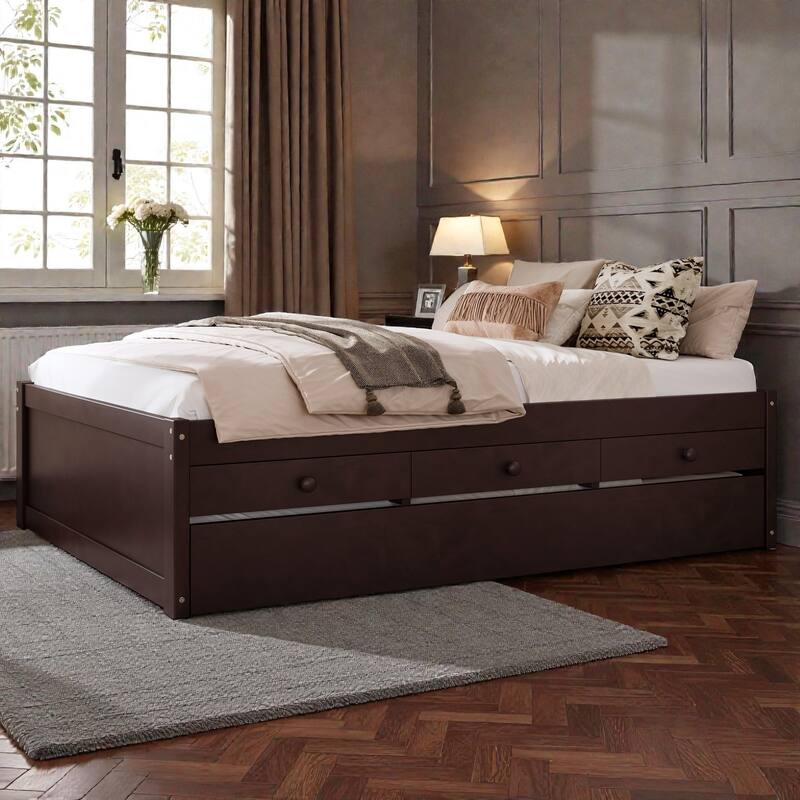 Platform Bed with Trundle, 2 Storage Drawers and Built In Power Strip, Solid Wood Bed Frame