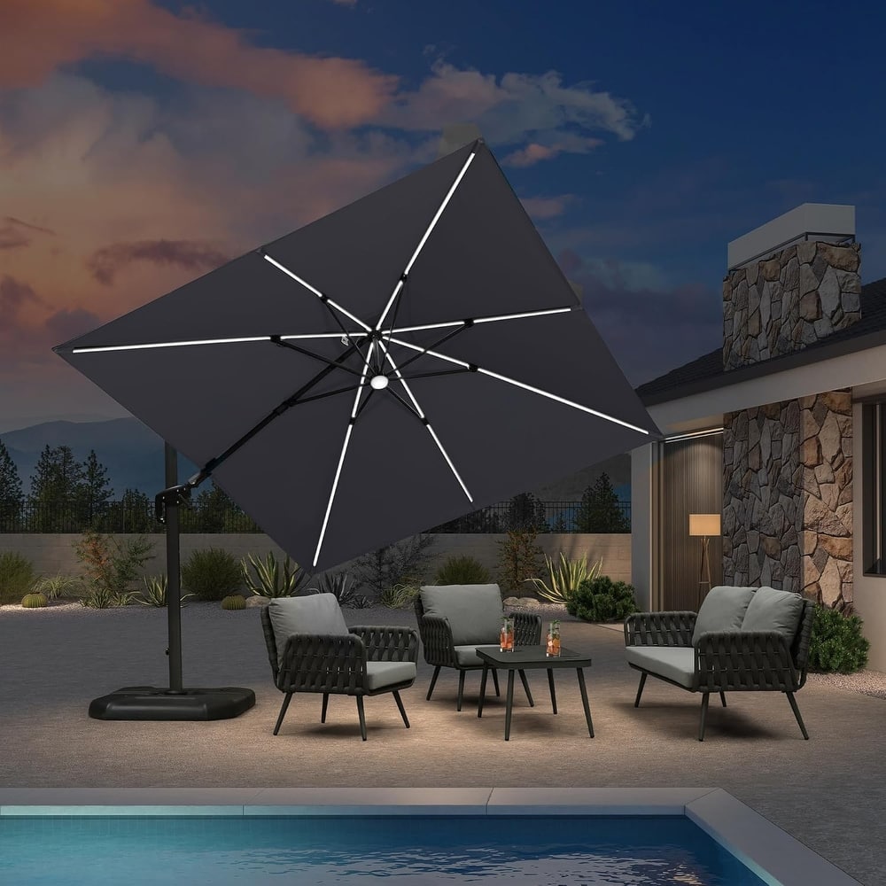 PURPLE LEAF 10 ft Solar Powered LED Patio Cantilever Umbrella with 360-degree Rotation