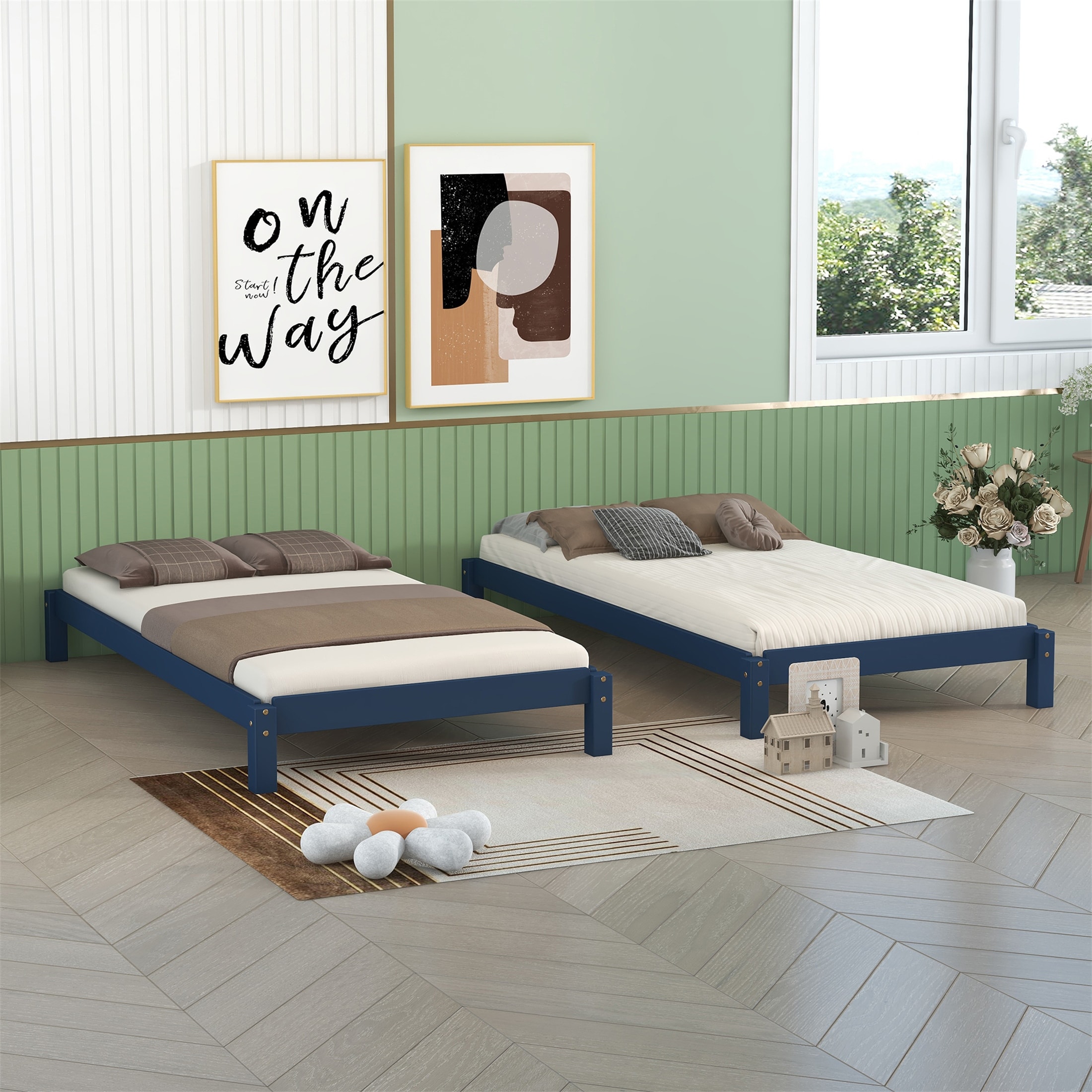 Solid Platform Bed Twin Size 2 Wood Bed Guest Bed Stackable Bed
