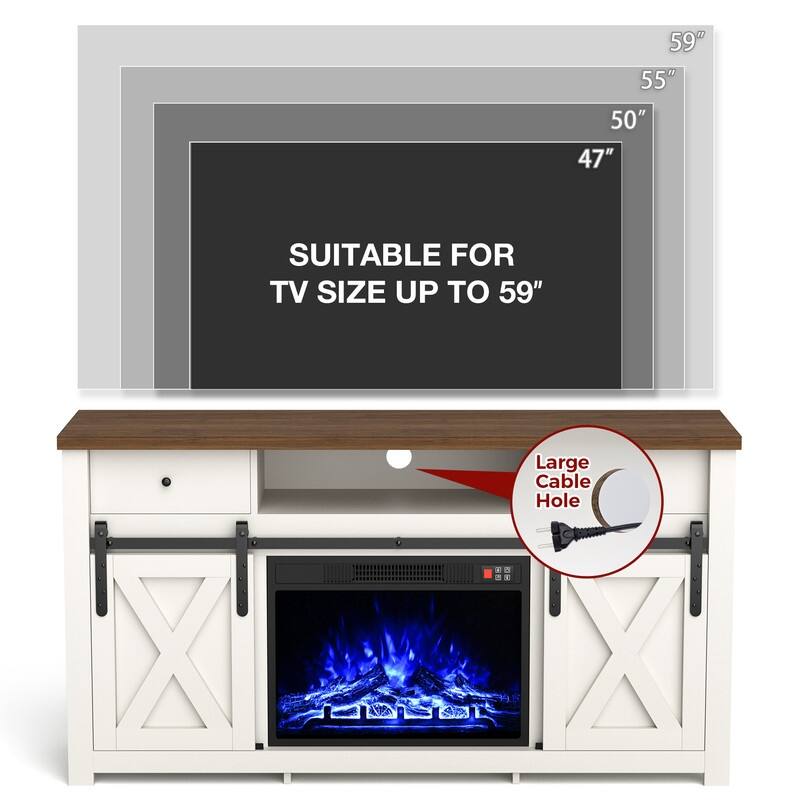 59" Sliding Diamond Door TV Stand for TVs up to 65" with 23" Electric Fireplace Included