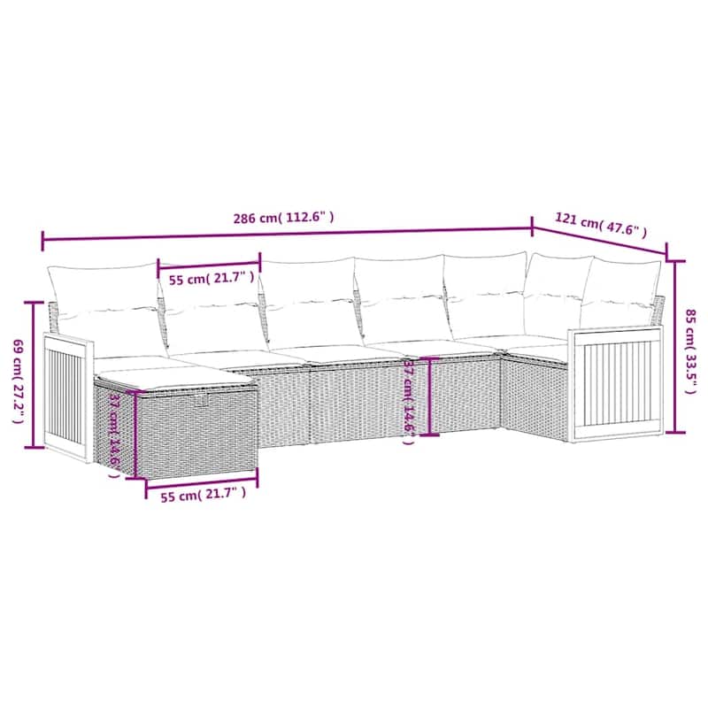 vidaXL Patio Sofa Set with Cushions Outdoor Conversation Furniture Poly Rattan - 24.4" x 24.4" x 27.2"