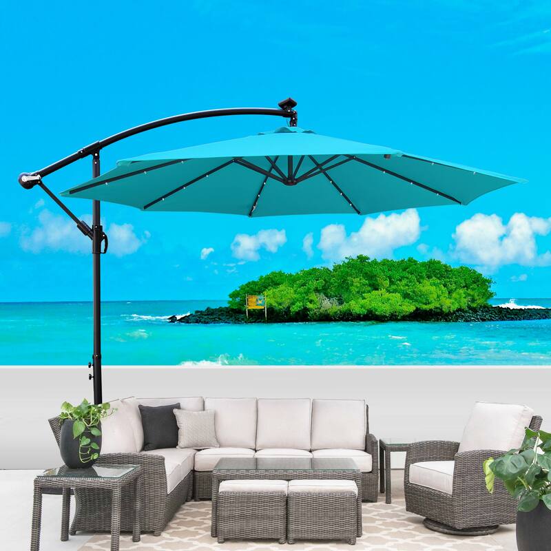 10 ft Solar Powered LED Patio Umbrella with Crank, Waterproof Canopy, and Cross Base for Outdoor Use