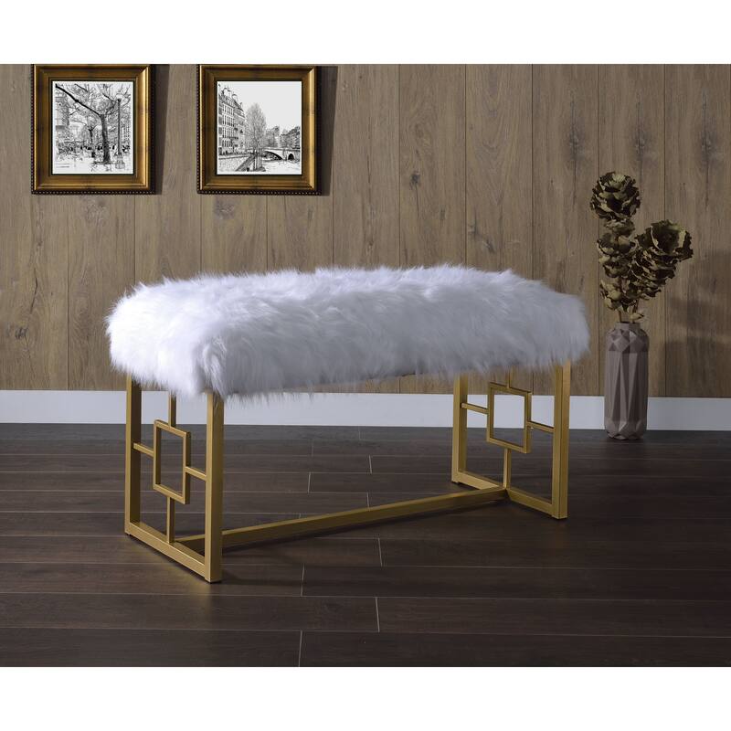 Bagley II White Faux Fur & Gold Finish Bench
