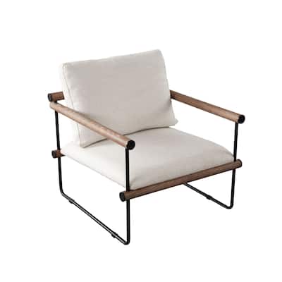 Accent Armchair, Brown Solid Wood Armrests, 31 Inch, Cream Fabric Seat