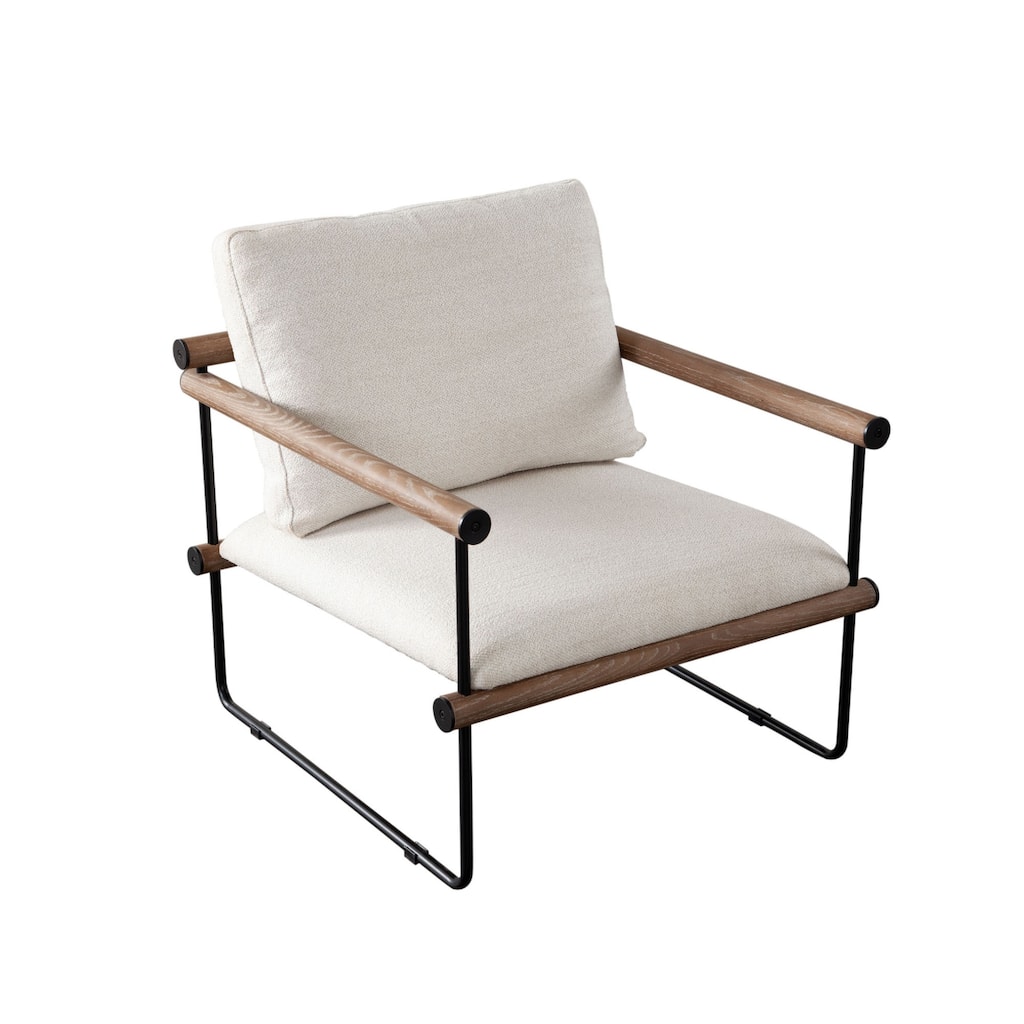 Accent Armchair, Brown Solid Wood Armrests, 31 Inch, Cream Fabric Seat