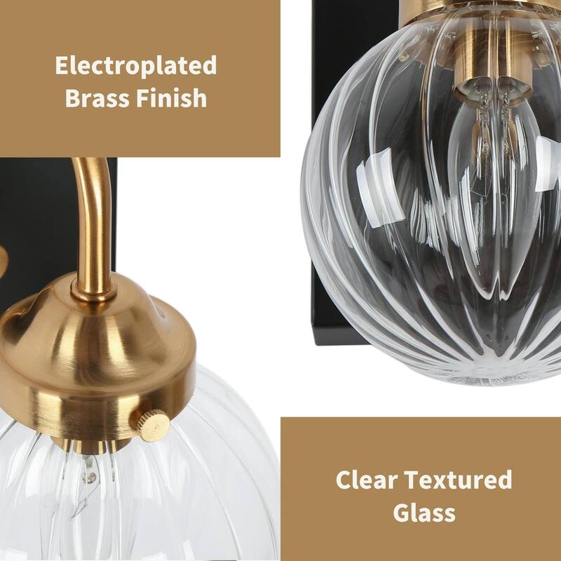 Modern Black Gold 1-Light Ribbed Globe Glass Wall Sconce Classic Vintage Design for Bathroom Vanity Lights