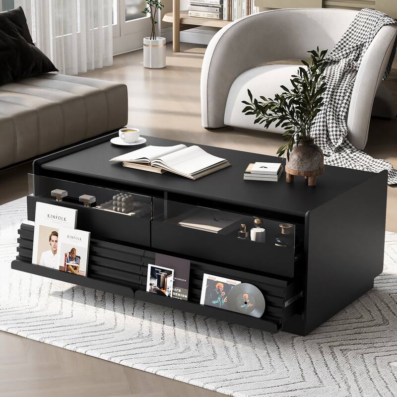 Modern Wood Coffee Table with Fluted Style,4 Drawers and 2 Display Shelves