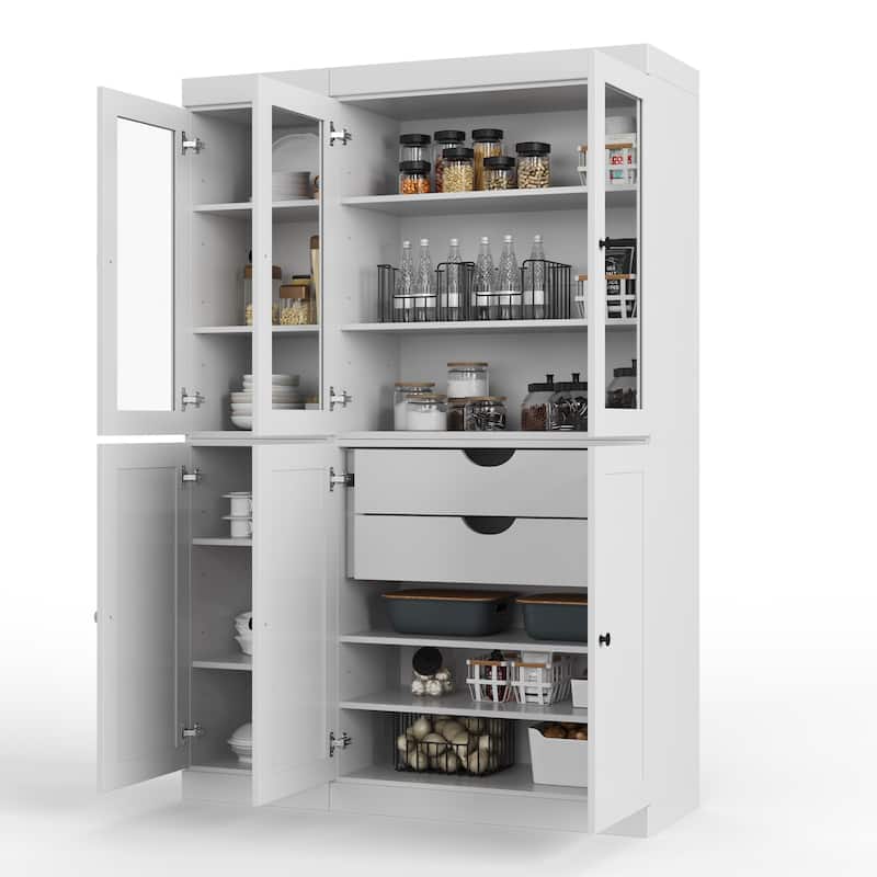 Palace Imports 100% Solid Wood 48.5" Pantry Cabinet with Clear Glass, Shaker Doors, 2-Drawers and Adjustable Shelves - White