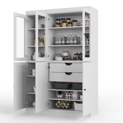 Palace Imports 100% Solid Wood 48.5" Pantry Cabinet with Clear Glass, Shaker Doors, 2-Drawers and Adjustable Shelves