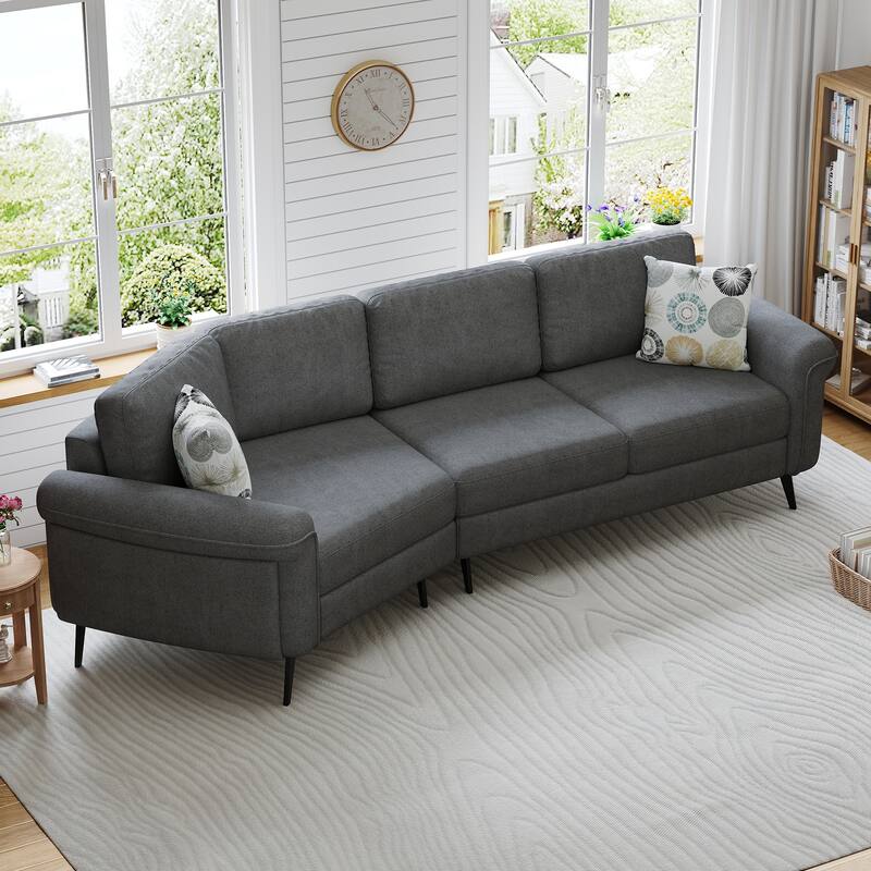 111" 3 Seater Sofa Couch, Chenille Curved Sofa Couch with 2 Printed Pillows Modern Upholstered Sofa for Living Room