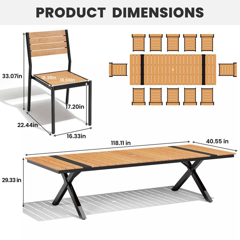 11/13-Piece Outdoor Aluminum Dining Table Set Rectangular Table with Umbrella Hole and Stackable Chairs