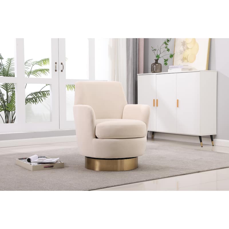 Beige Velvet Modern 29.3" Upholstered Swivel Barrel Chair with Gold Stainless Steel Base