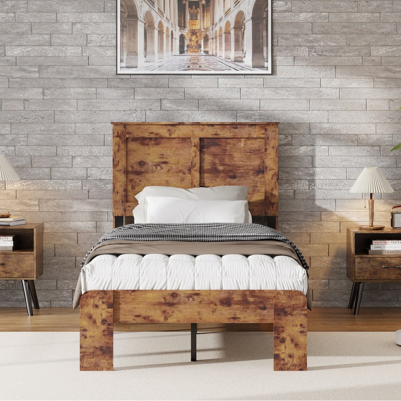 Wooden Bed Frame, Platform Bed with Large Under Bed Storage Space - Dark Brown - Twin