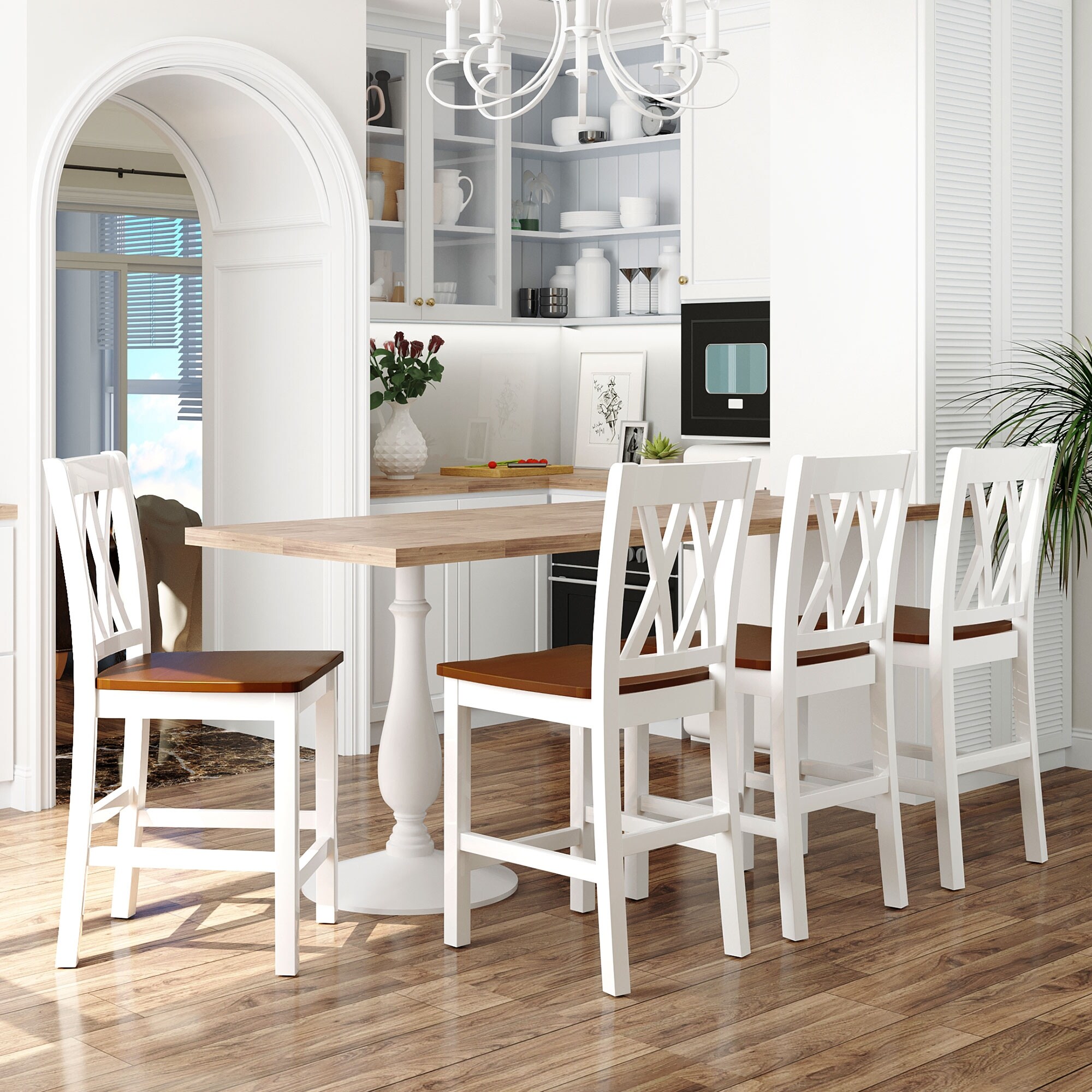 5 Pcs Farmhouse Counter Height 2 Shelf Wine Glass Holder Round Kitchen Dining Table Set With 4 Double X Cross Back Chairs Overstock