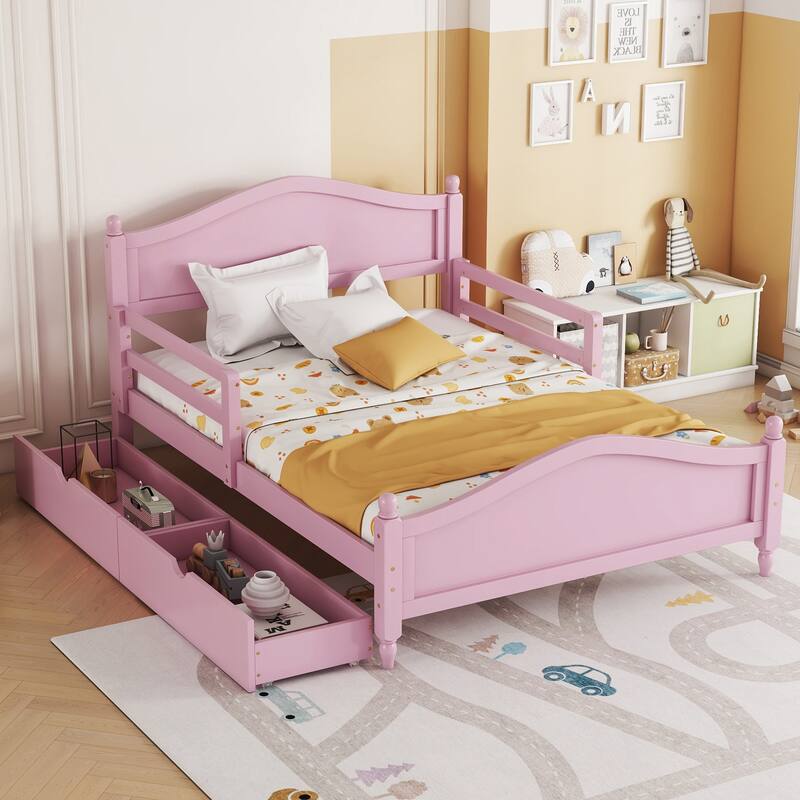 Wood Platform Bed with Guardrails on Both Sides and Two Storage Drawers