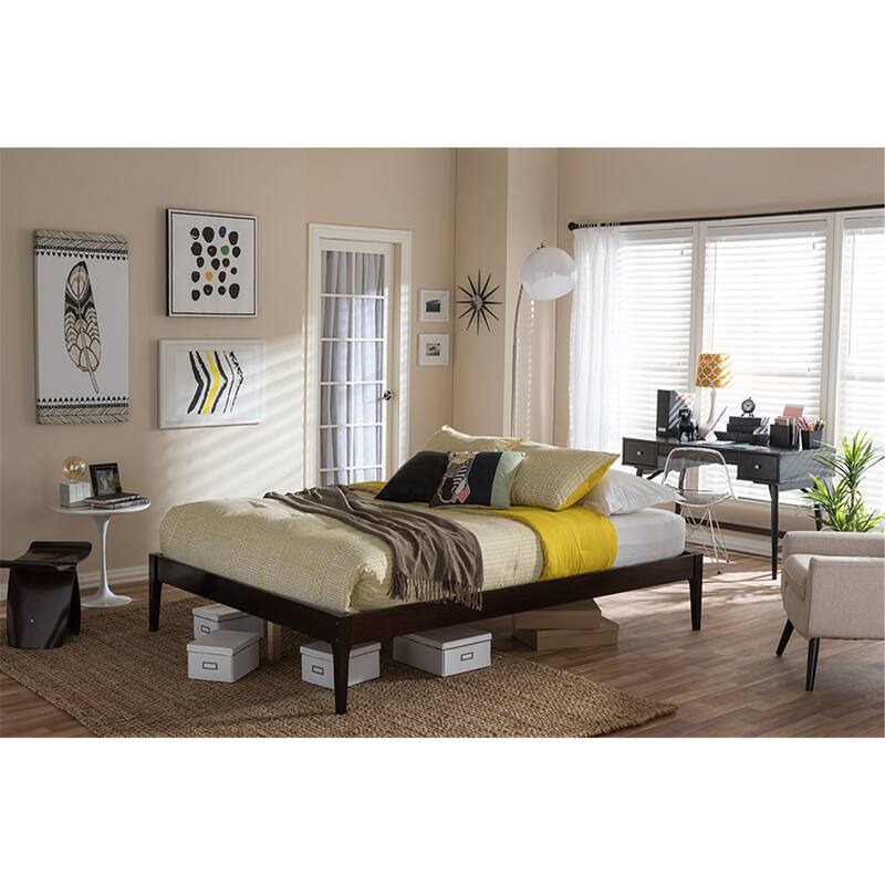 Platform Bed Modern Wood Frame, Cappuccino Finish, Low Profile Design, Bedroom Furniture