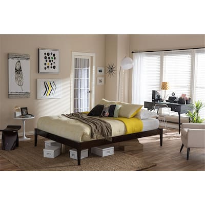Platform Bed Modern Wood Frame, Cappuccino Finish, Low Profile Design, Bedroom Furniture